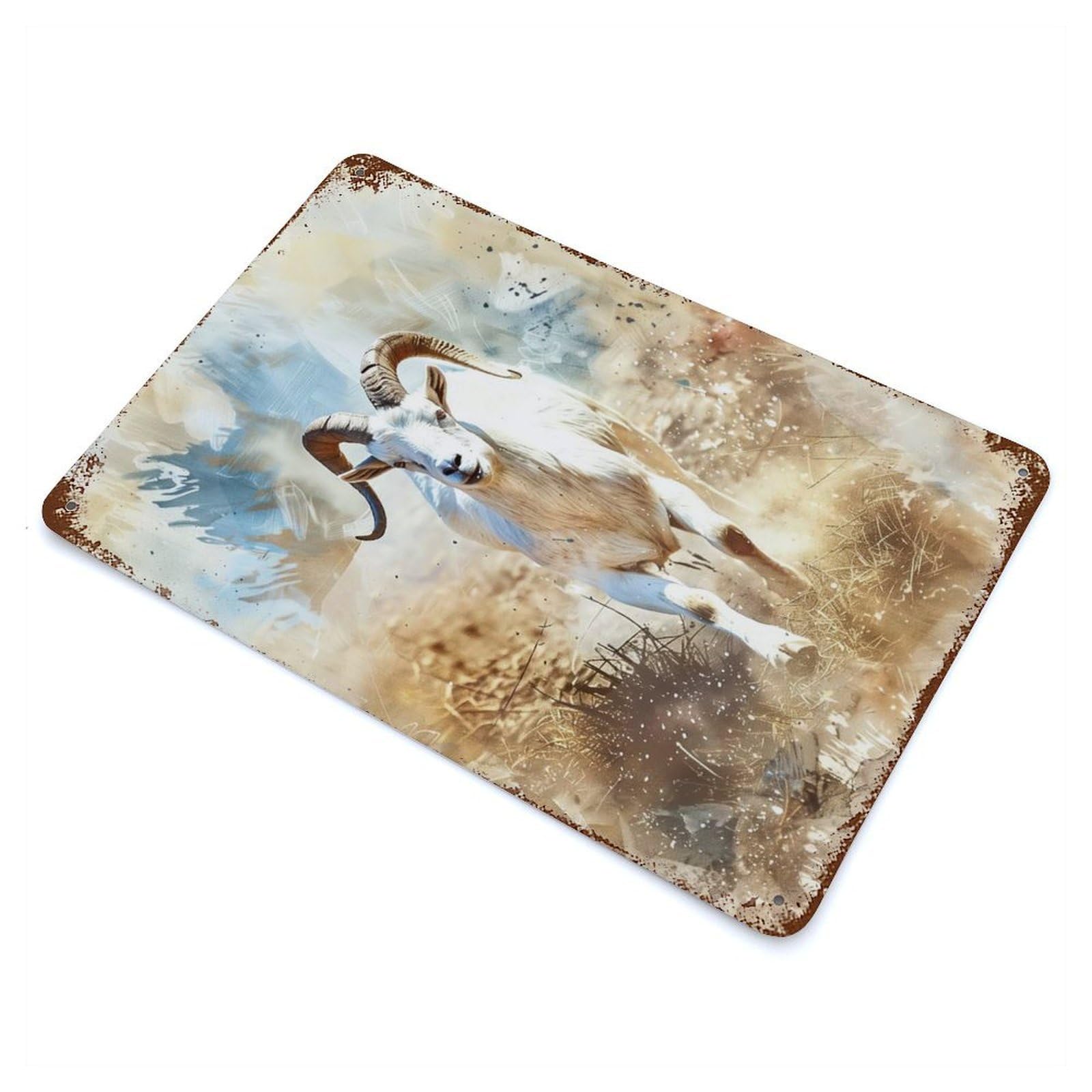 Rusty Metal Tin Sign with White Mountain Goat Running Design 11.8"x7.9", for Garage, Bar And Workshop Decor, Decorative Metal Wall Art