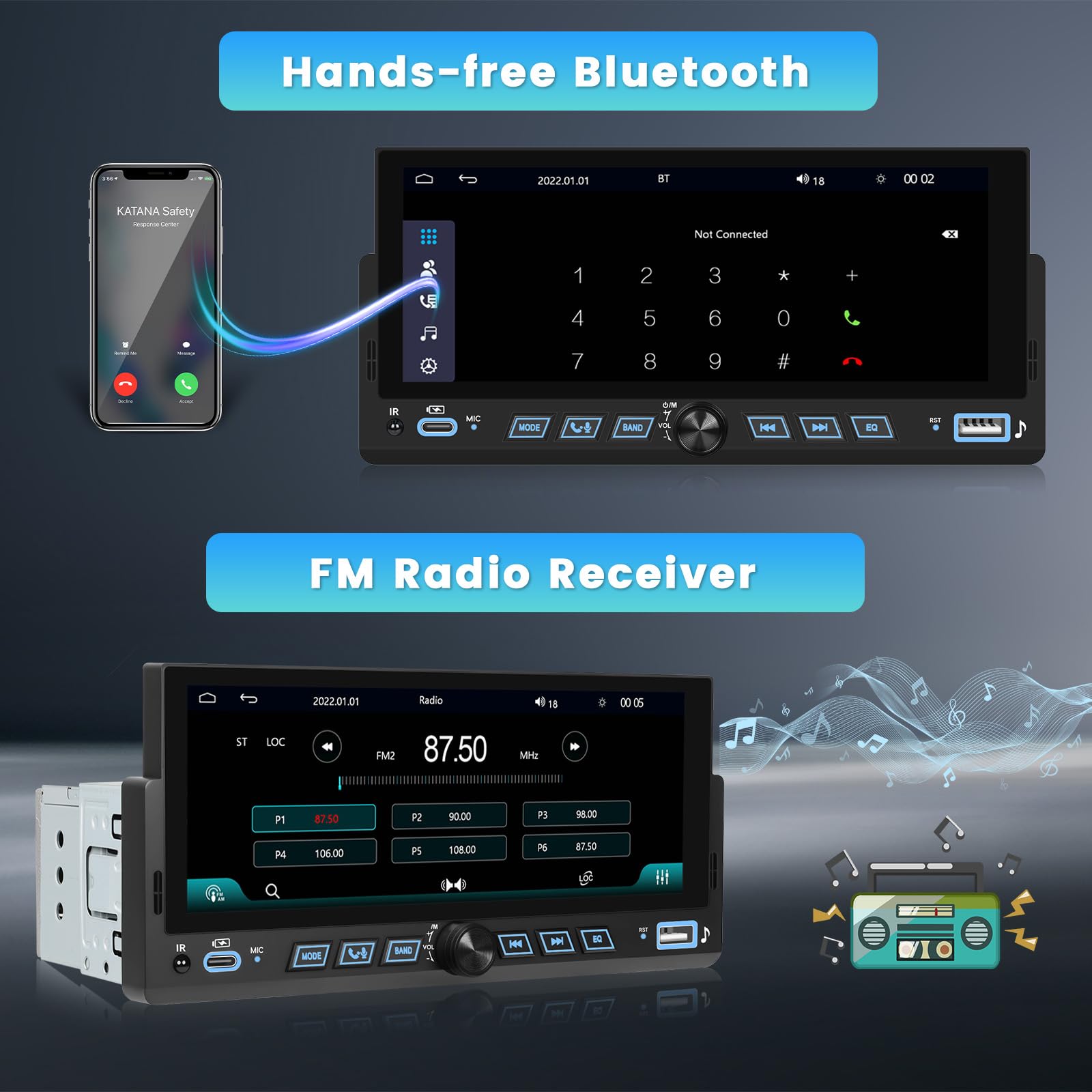 Inefala radio samochodowe Bluetooth 1 DIN z bezprzewodową funkcją CarPlay i Android Auto, radio 1 DIN z ekranem 6,9 cali, Mirror Link, radio FM, USB, Typ-C, SWC, EQ, kamera cofania, mikrofon