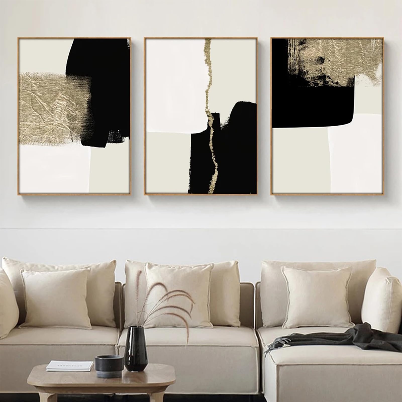 HEHGVCF Set di 3 poster su tela Moderni Minimalisti Beige Nero e Oro Immagini da Parete Geometriche Arte Astratta Stampa su Tela Decorazione da Parete Senza Cornice (50 x 70 cm, Geometrica)