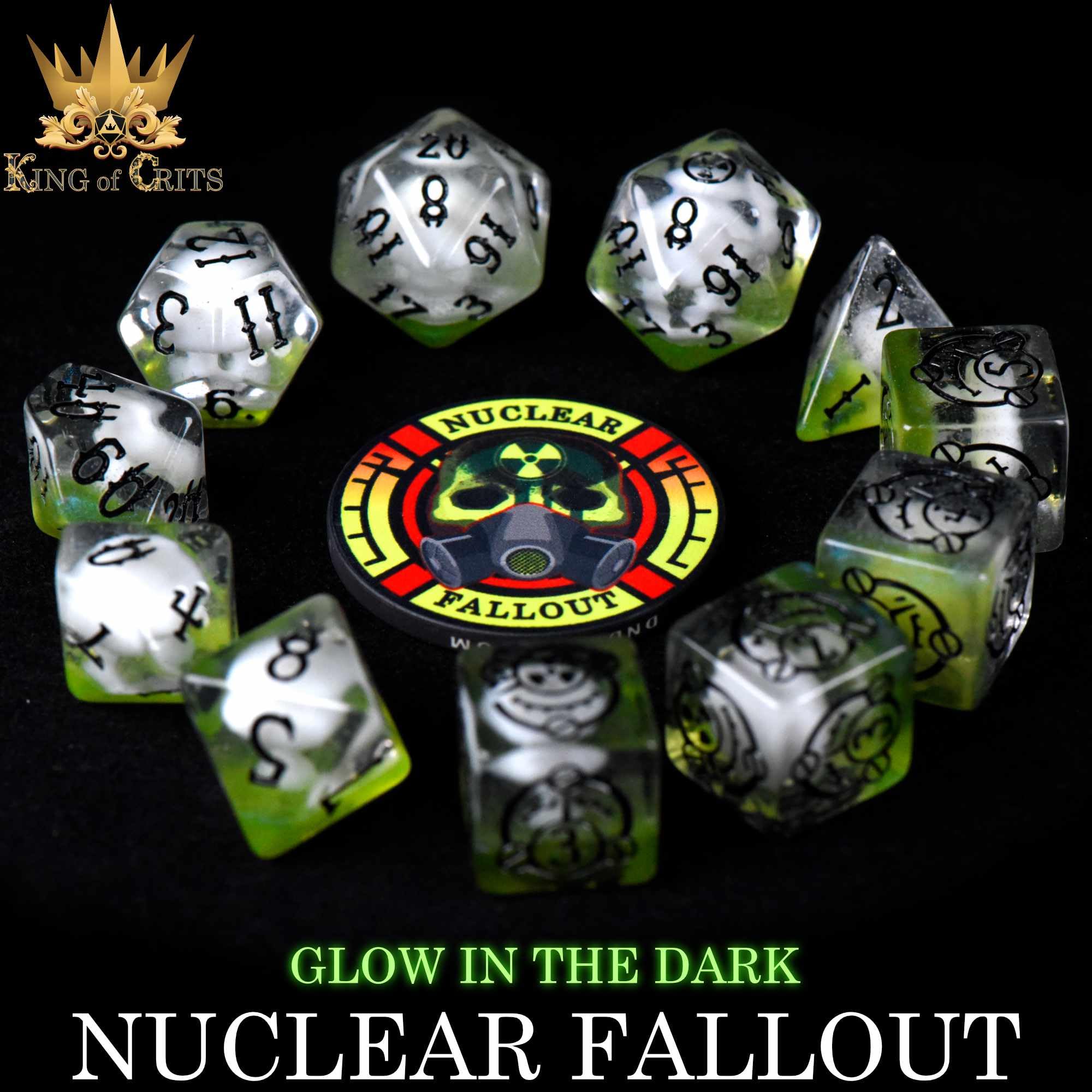Nuclear Fallout - Juego de 11 dados poliédricos con temática de radiación que brilla en la oscuridad, diseño de nubes de hongos y contadores Geiger DND MTG