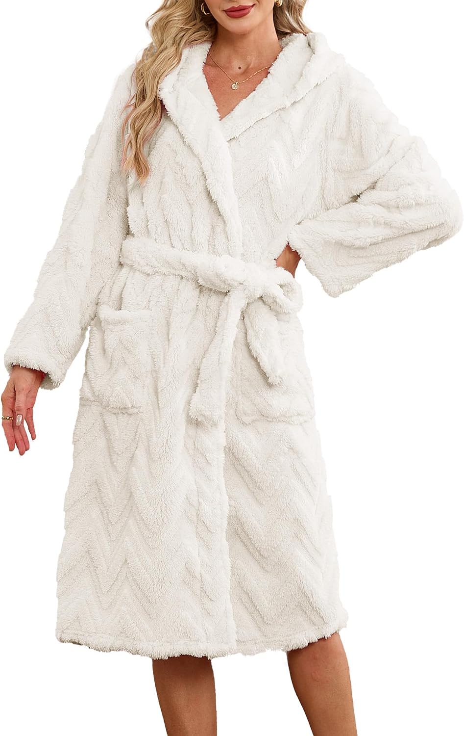 LYCY Women's Hooded Plush Long Bathrobe, Ultra Soft Jacquard Fluffy Robe with Pockets, Cozy Fuzzy Loungewear