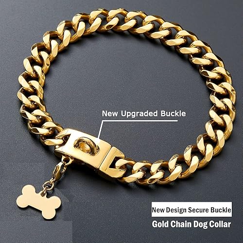 Miniatura 4 de Collar de cadena de oro para perro con diseño de hebilla segura y etiqueta de identificación, eslabones cubanos de 18 quilates, resistente y