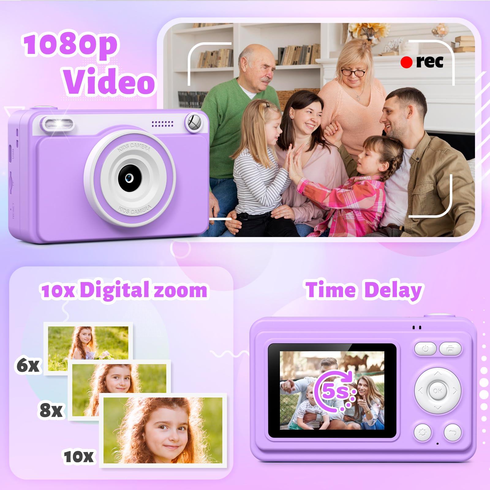 Macchina Fotografica Bambini Istantanea 2.4" Schermo 1080P con 32GB Scheda Regalo 3-14 Anni