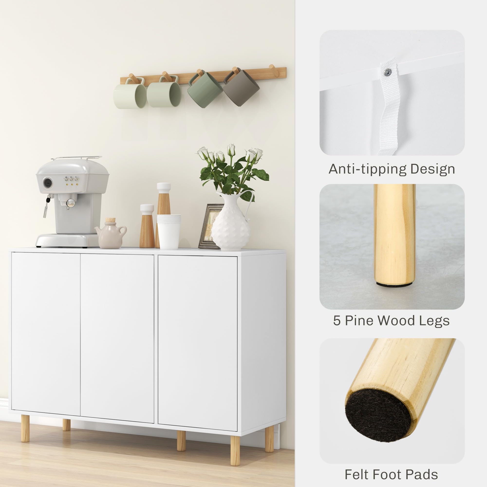 HOMCOM Credenza Moderna con 2 Armadietti a 3 Ripiani, Mobile Multiuso in Legno, 107x40x80 cm, Bianco