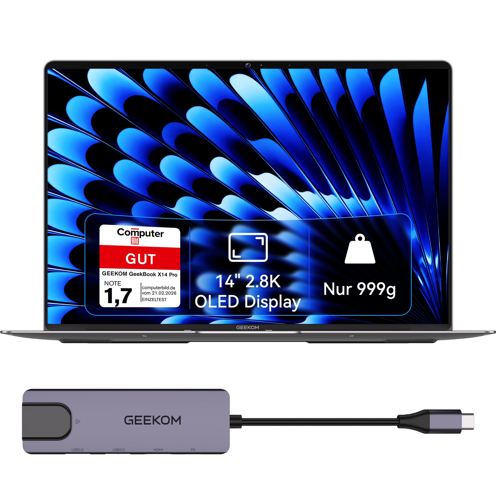 GEEKOM GeekBook X14 Pro Laptop, 999 g Ultraleicht, 14" 2.8K OLED, Ultra 9-185H, 32GB LPDDR5x RAM 7500MT/s, 1TB SSD, 2X USB4, Fingerprint & Webcam-Schieber, bis zu 16 h Akku, Copilot+, Windows 11 Pro