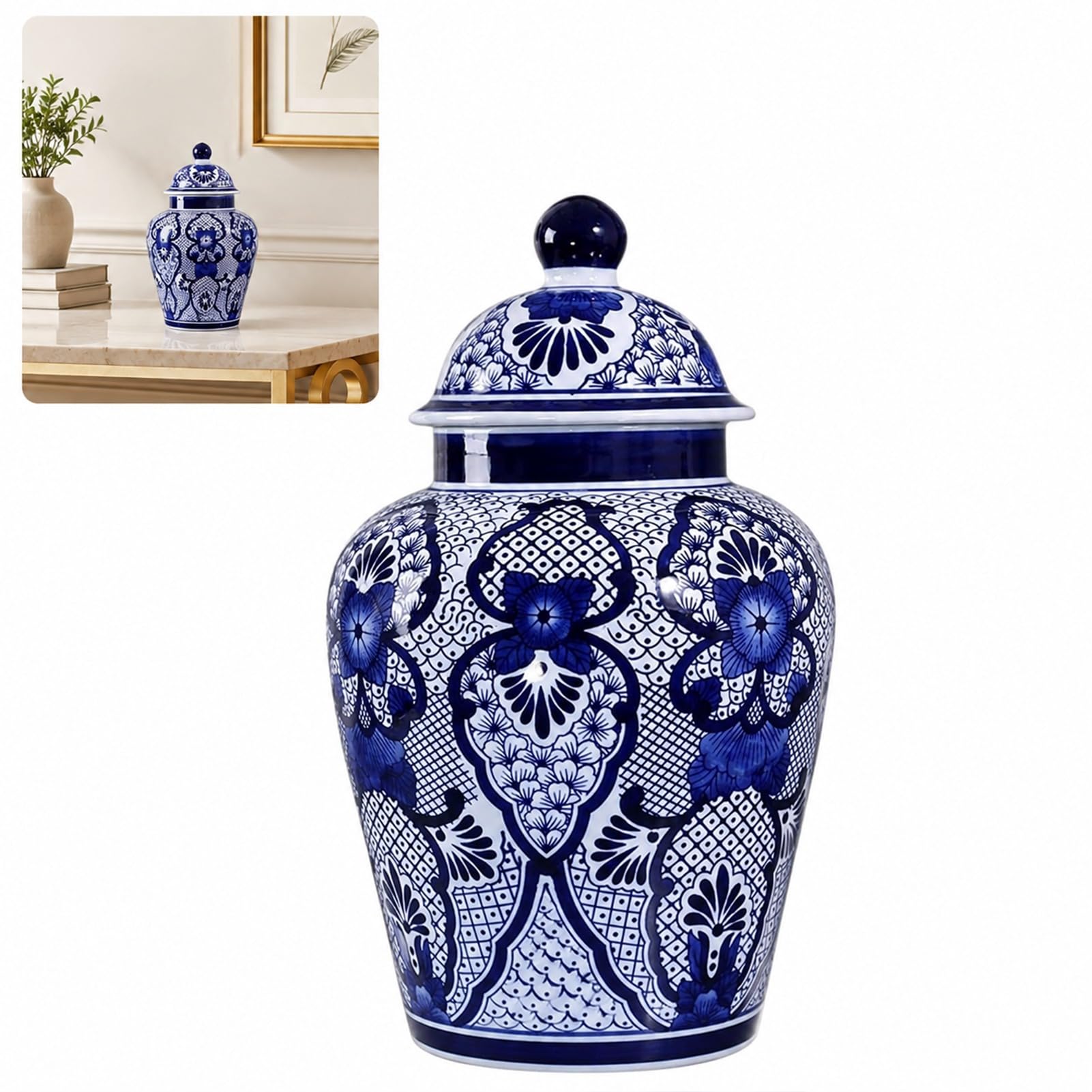 Decorative Vase Blue And White Ginger Jar With Lid, Porcelain Temple Jars Floral Vases For Home, Office, Living Room (blue,17.5 * 26cm)