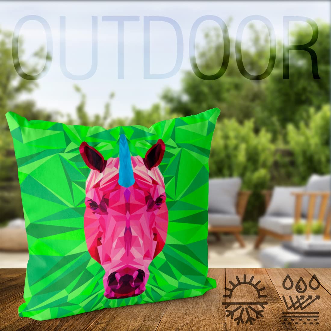 VOID Jednorożec Polygon Unicorn poszewka na poduszkę do użytku wewnątrz i na zewnątrz, poduszka o wymiarach 80 x 80 cm; kolor poduszki: zielony