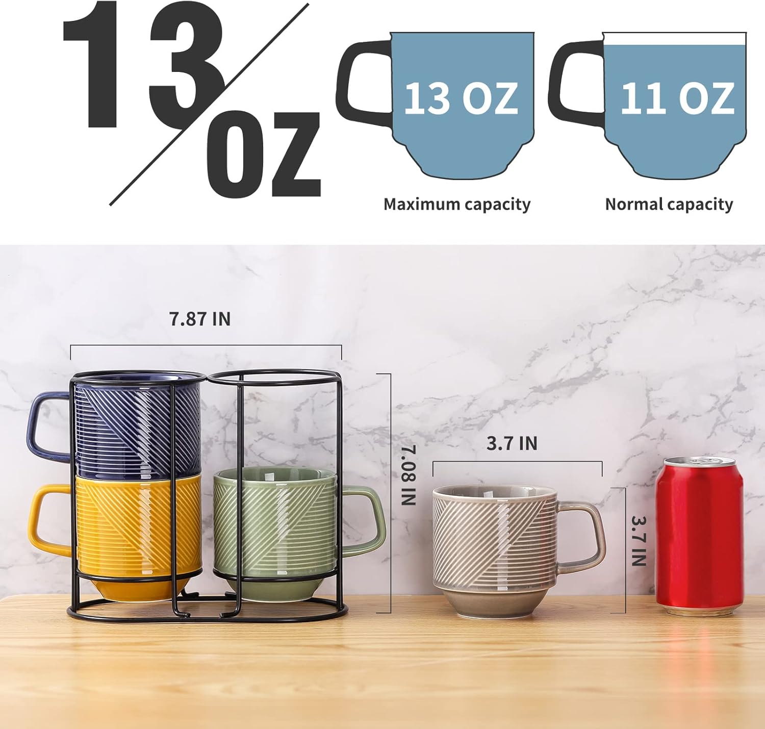 Stackable Coffee Mugs with Rack: 13 oz Stacking Ceramic Cups with Stand for Home & Office- Porcelain Stacked Tea Mug Set of 4