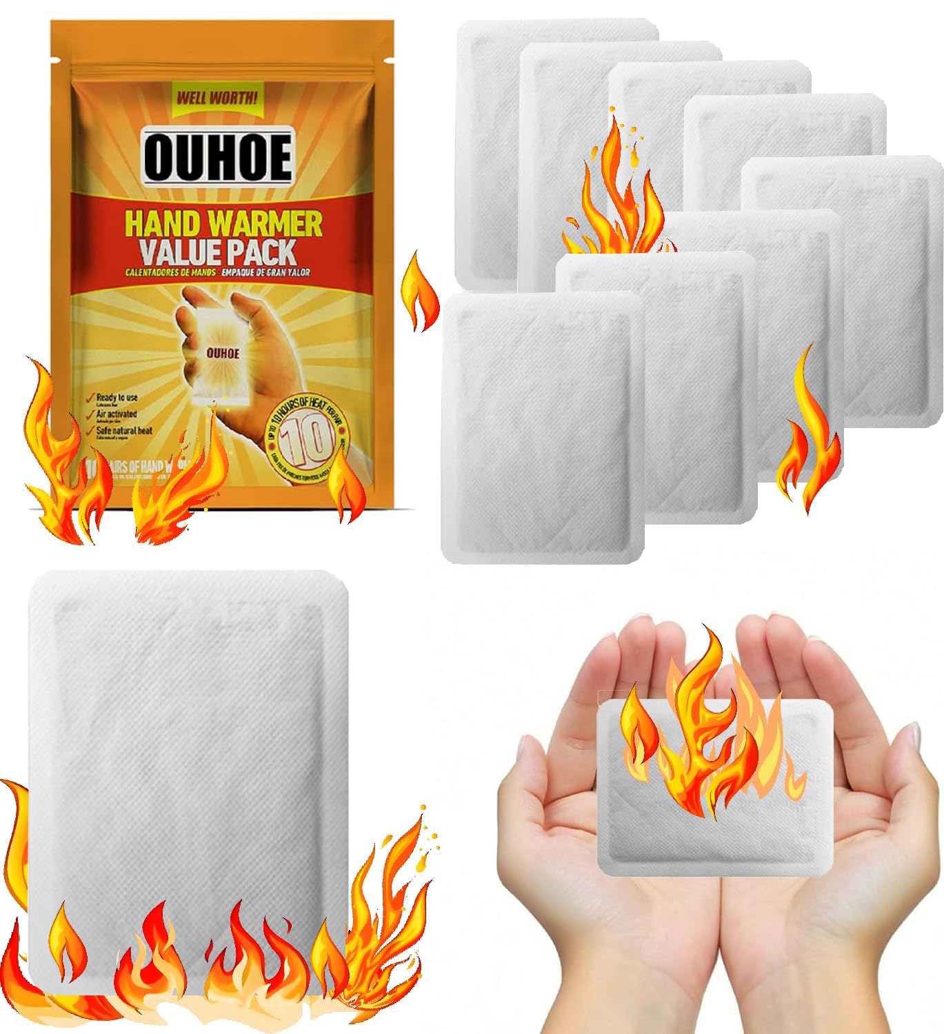 10PCS Hand Warmer Value Pack,12Hours Long Lasting Safe Natural Odorless Air Activated Warmers for warm hands,100% natural warmth, Pocket Heater,for Hiking/Camping and Skating