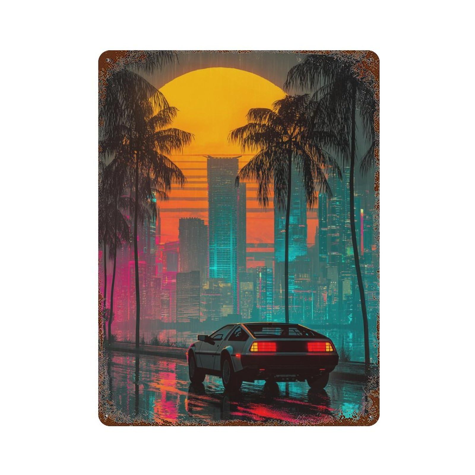 Rust Effect Neon Cityscape with Retro Car -2 Rusty Metal Tin Sign 15.7"x11.8", Old School Wall Decor for Garage, Bar And Workshop Decor