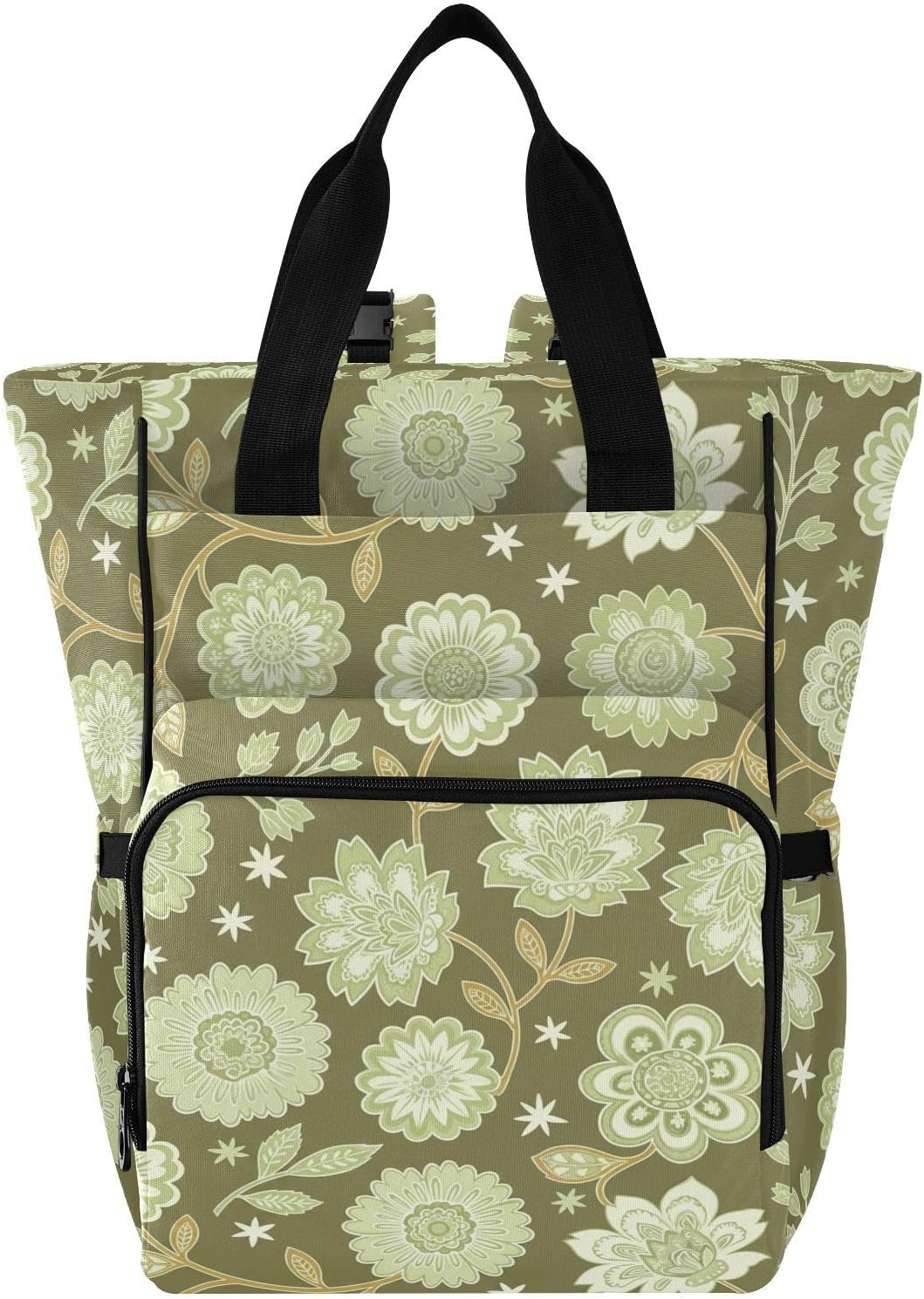 Flower Leaves Green Pattern Diaper Bag Backpack for Baby Boys Girls Multifunction Baby Essentials Travel Tote with Stroller Straps & Bottle Storage Maternity Travel Bag for Moms Dads Baby Gifts