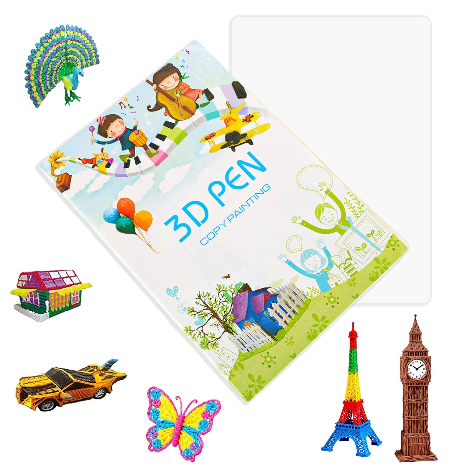 3D-Druck-Zeichenbuch Wiederverwendbare 3D-Stift Vorlagen 20 Blatt mit 40 farbigen Mustern, Dicke Zeichenschablonen mit transparenter PVC-Kopiertafel, DIY Kreativ Geschenk