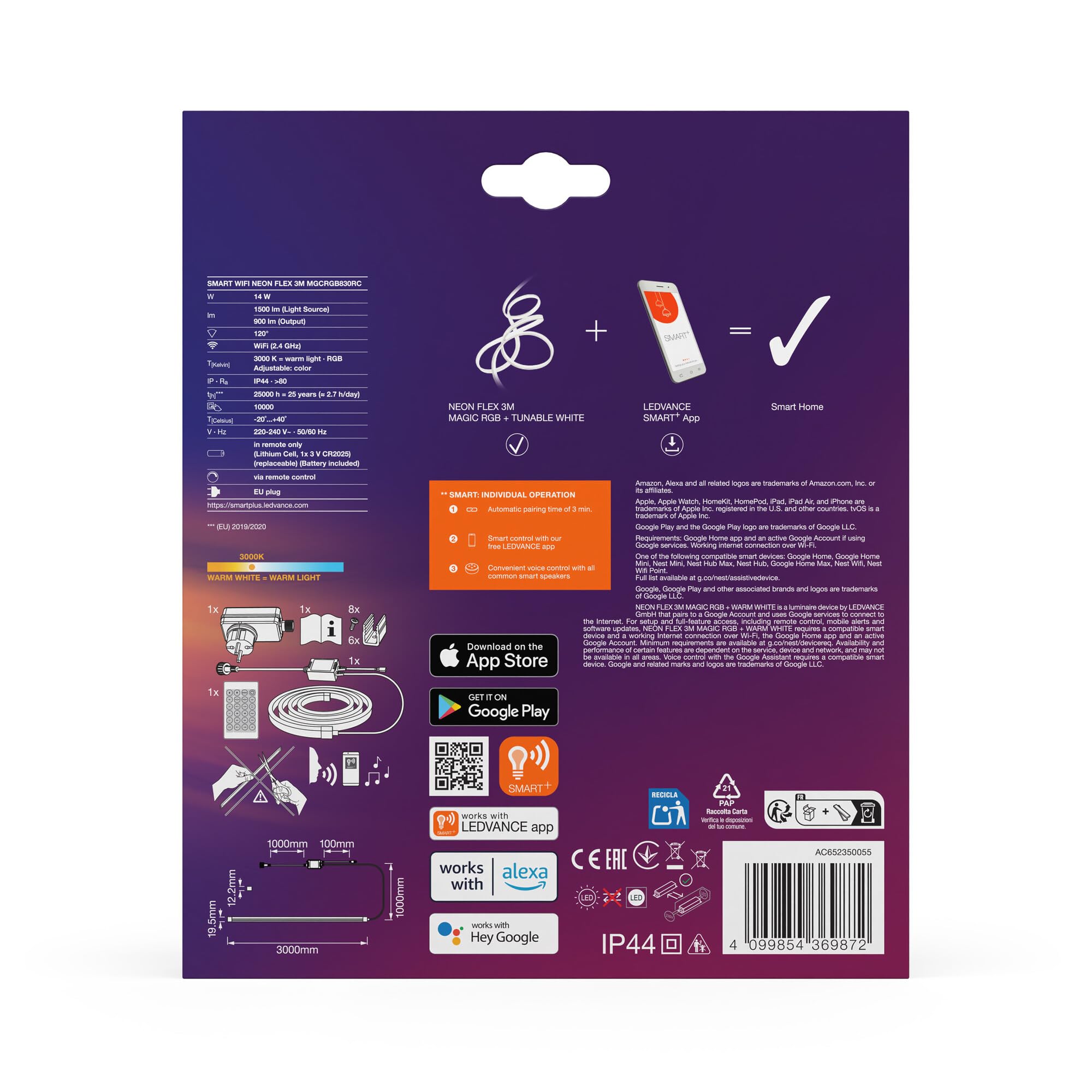 LEDVANCE SMART WIFI NEON FLEX MGC RGB TW RC tira de LED de colores y blanca para uso exterior WiFi y distribución homogénea de la luz;regulable;blanca;silicona;3 m