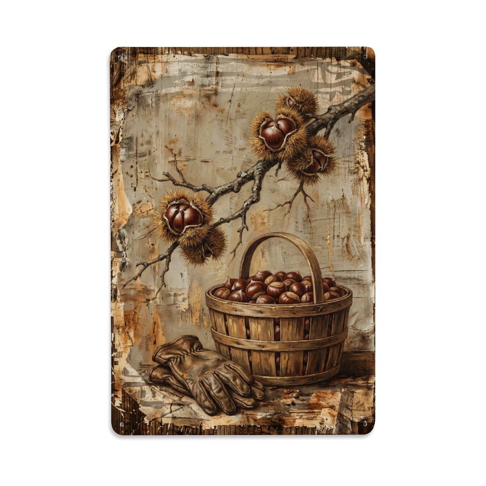Chestnut Orchard Harvest Brown Nut Countryside Tree Vintage Metal Tin Sign Plaque Wall Decor for Cafe, Club, Garden Metal Poster 8x12Inch