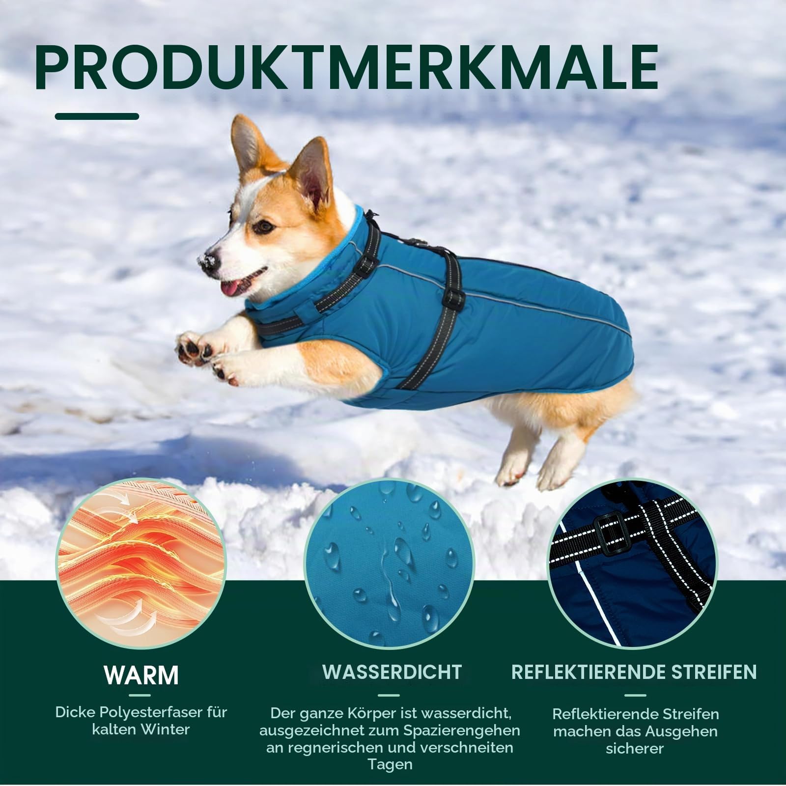 Kuoser Hundemantel für Mittelgroße Hunde Winter, wasserdichte Hundejacke mit Geschirr, Warmer Wintermantel Hund mit Fleecefutter, Fleecemantel Hundepullover Blau M