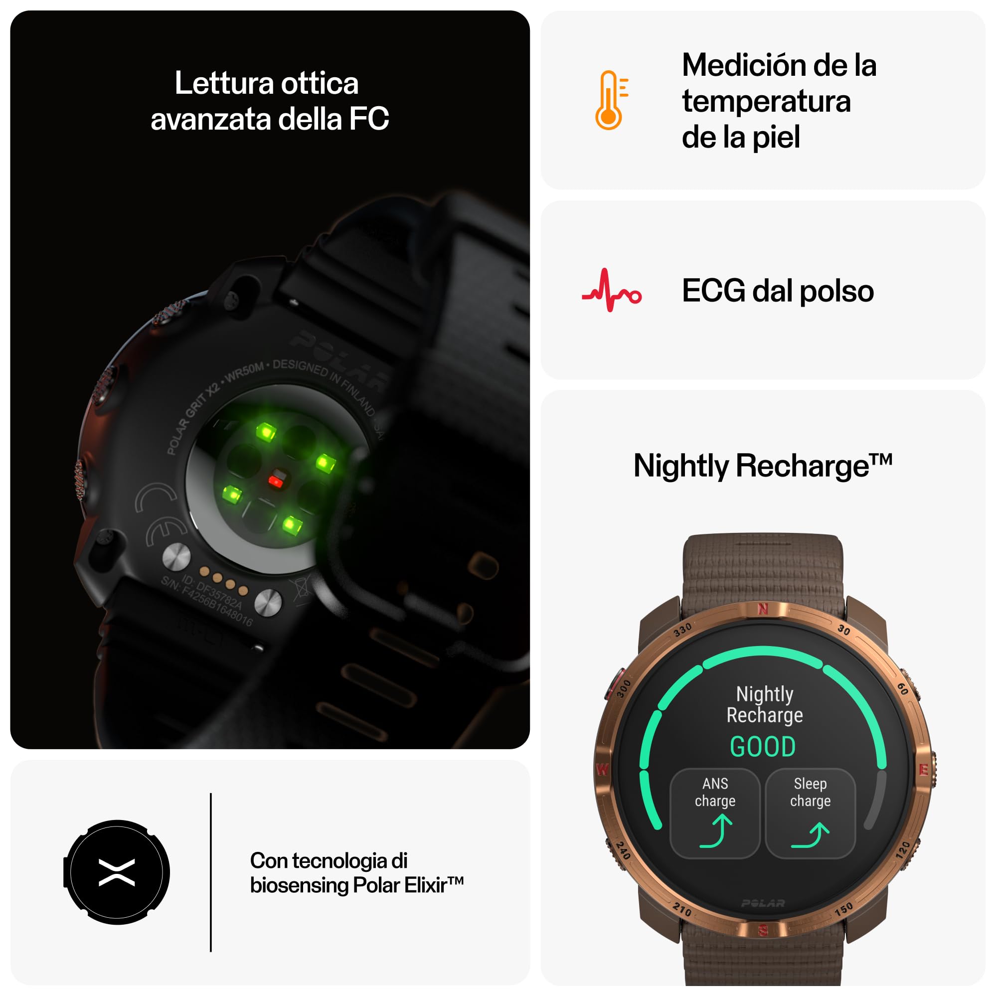 Polar Grit X2 Orologio GPS Outdoor AMOLED | Mappe offline, ECG dal polso, Biosensing Elixir, Fino a 7 giorni di autonomia