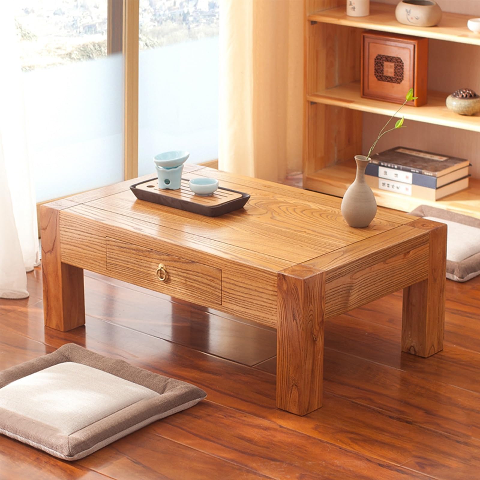 Table basse de méditation bois d'orme ancien pour salon zen