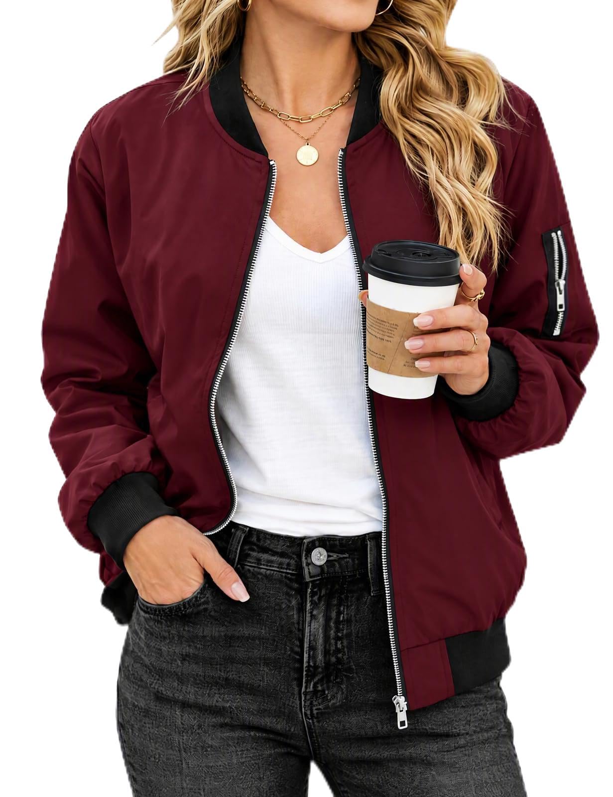 CMTOP Bomberjacke Damen Kurze Leichte Zip Up Übergangsjacke Winddichte | Pilotenjacke Mit glatten Metallreißverschlüssen,Reißverschlusstaschen,casual Jacke für Übergangszeit