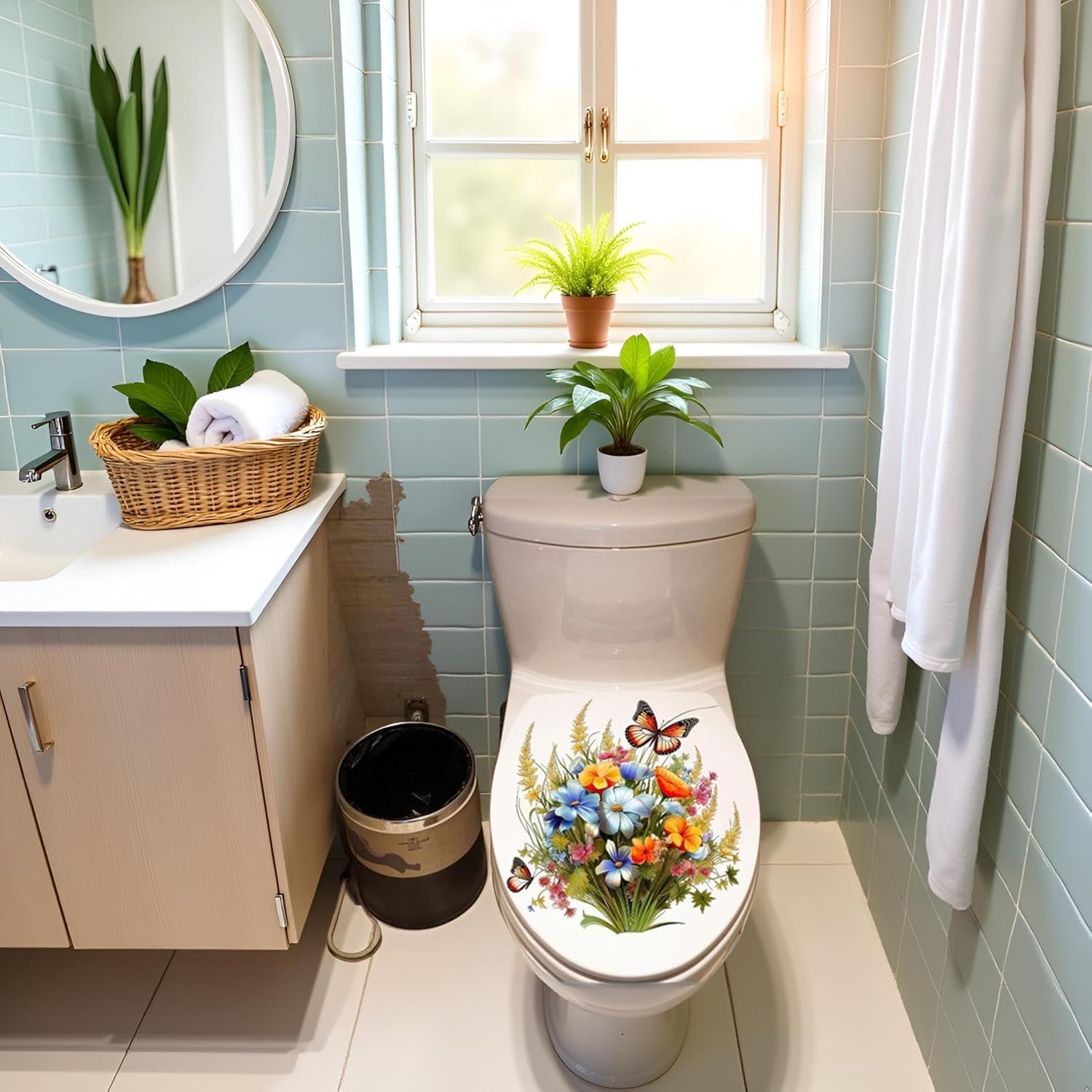 Bathroom Wall Decals, Toilet Stickers with Flowers, Butterflies, Green Plants, Peel and Stick Decor