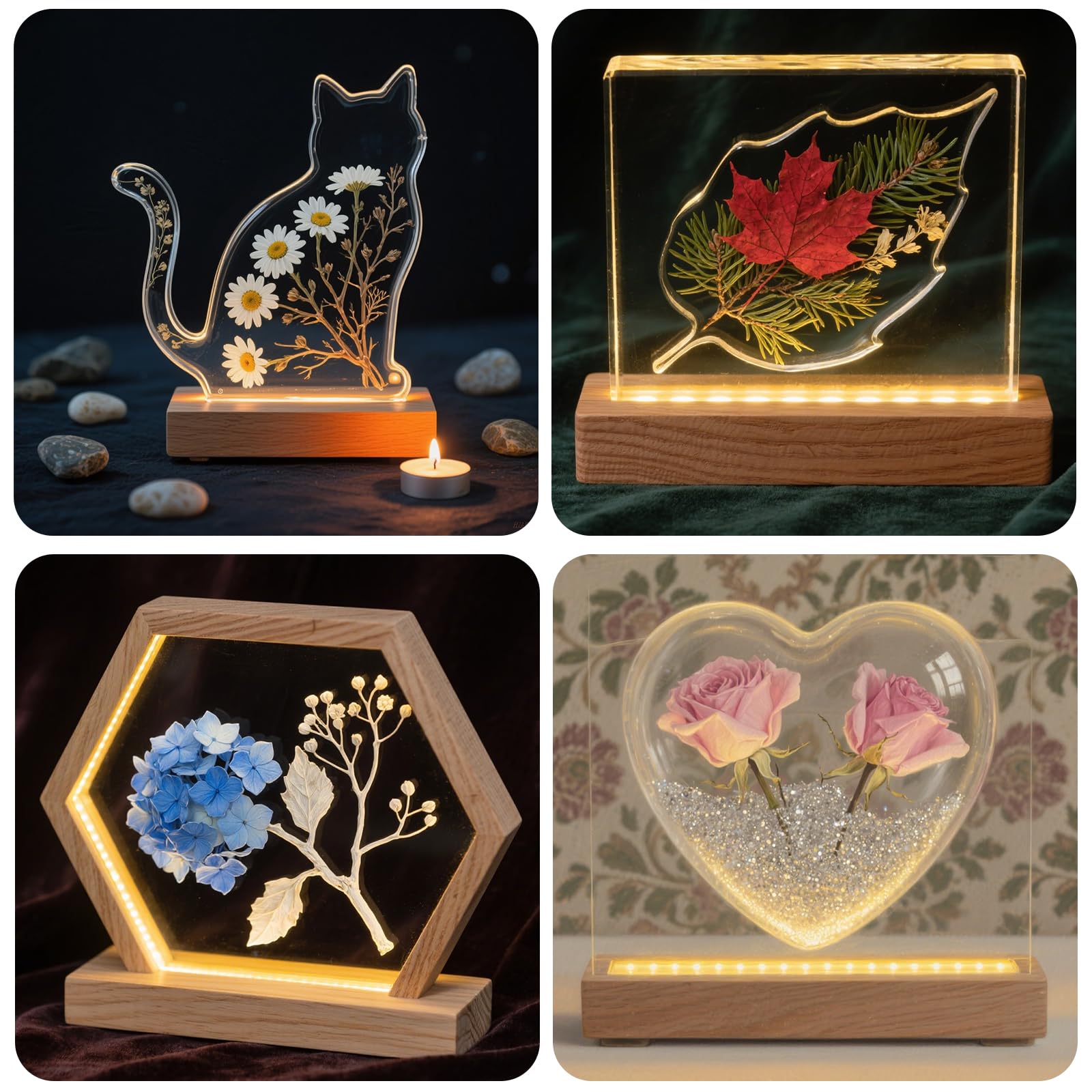 Set di 2 basi per display di luci LED, base per prese LED in legno, supporto per display di luci LED rettangolare, supporto per luci LED desktop, base illuminata USB in legno per luci LED, base per