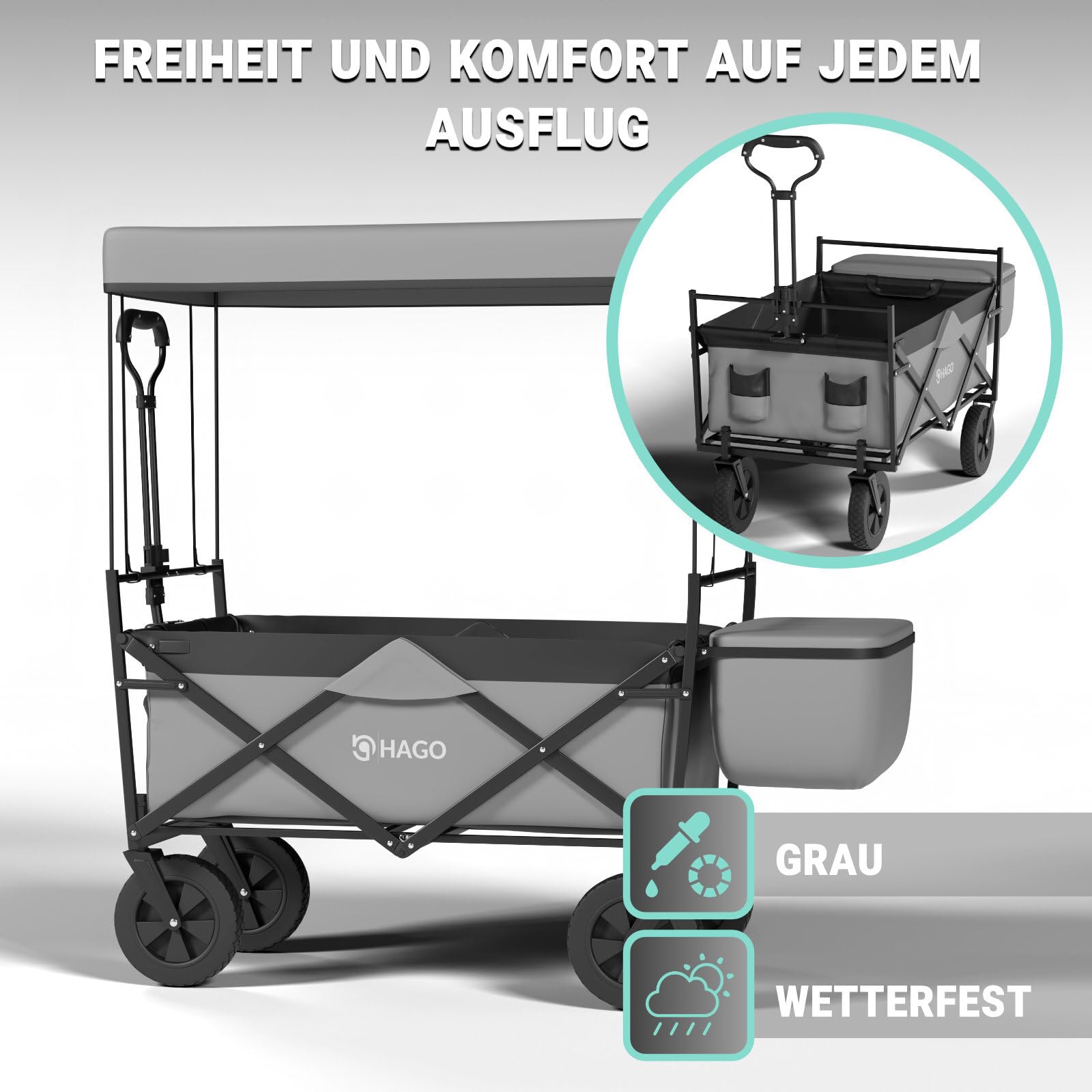 HAGO Carrello pieghevole | grigio | robusto | adatto ai bambini | tettuccio parasole | versatile | outdoor | festa del papà | leggero | grande spazio