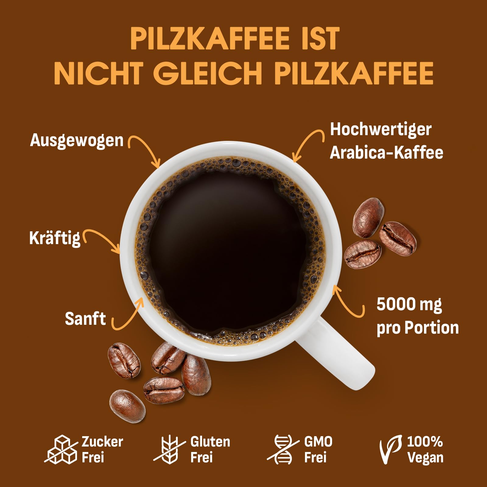 Pilzkaffee – Mushroom Coffee mit 10 Pilzen, Adaptogenen & Probiotika, Instant-Arabica-Kaffee mit Löwenmähne, Chaga, Reishi, Cordyceps & mehr, Pilz-Extrakt-Pulver, 150 g