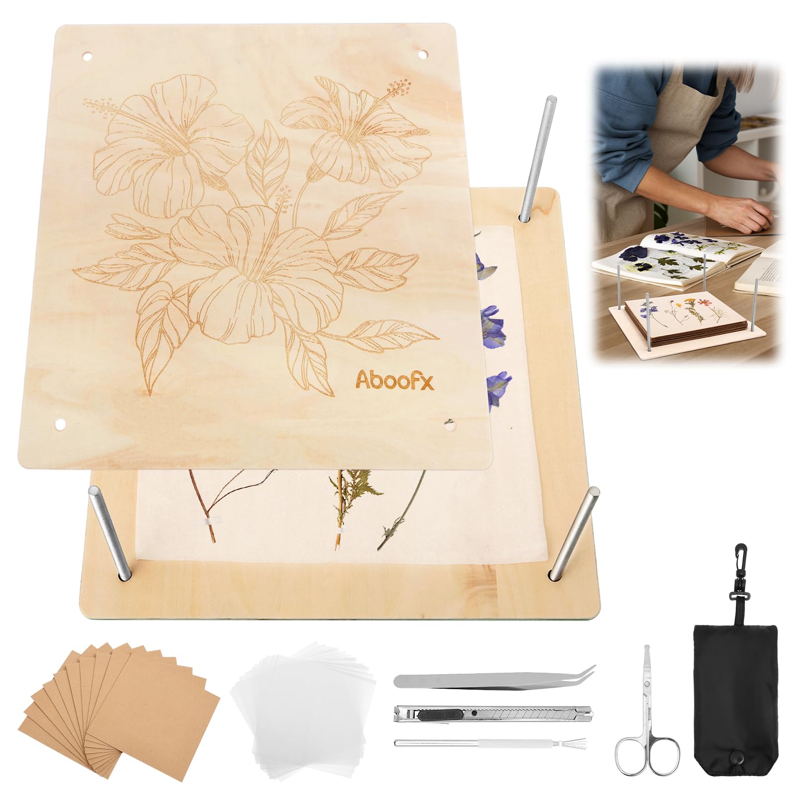 Bpyhebe Flower Press Kit, 27.5×27.5cm Large Wooden Flower Press Frame for DIY Arts Crafts, Bookmarks, Scrapbooking, Wedding Bouquet Preservation, Dried Flowers