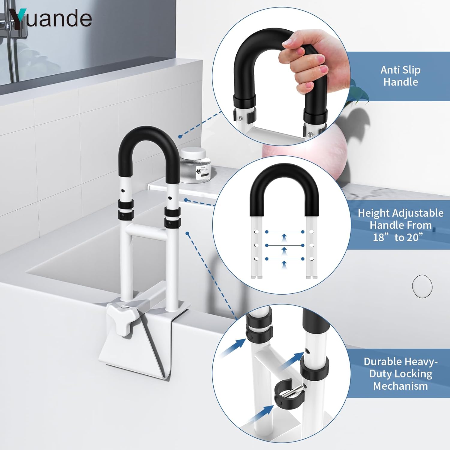 Bathtub Grab Bar, YuanDe 20 x 6 Inch Adjustable Bathtub Safety Rail with Height & Width Adjustment, Heavy-Duty Tub Handle for Elderly Seniors, Disabled & Injury Recovery