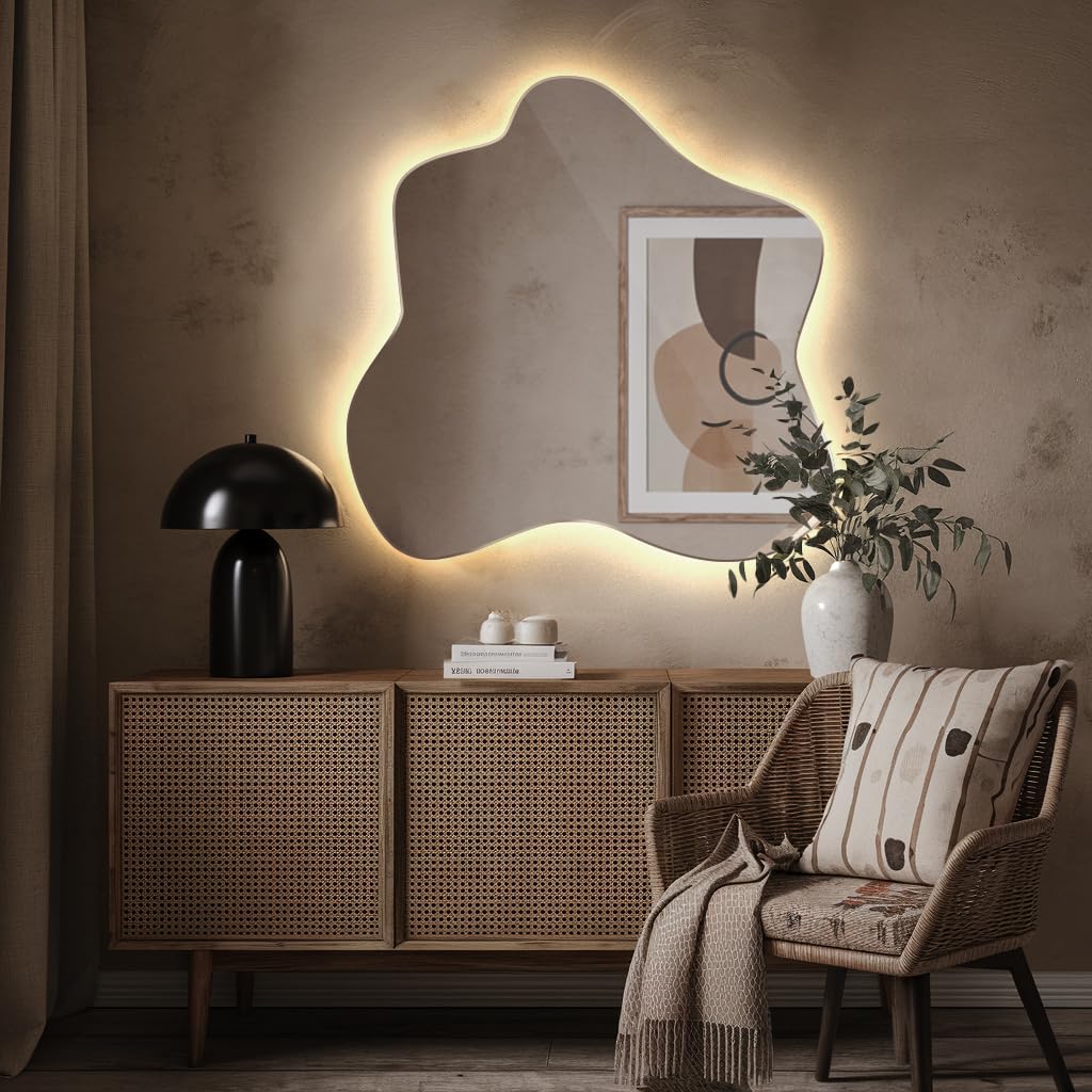 Miroir XXL rétroéclairé par LED 77,3 x 76,6 cm (30,4 x 30,2 pouces), blanc chaud, décoration murale unique de forme irrégulière, design ondulé, idéal pour le salon, la salle de bain ou la chambre.