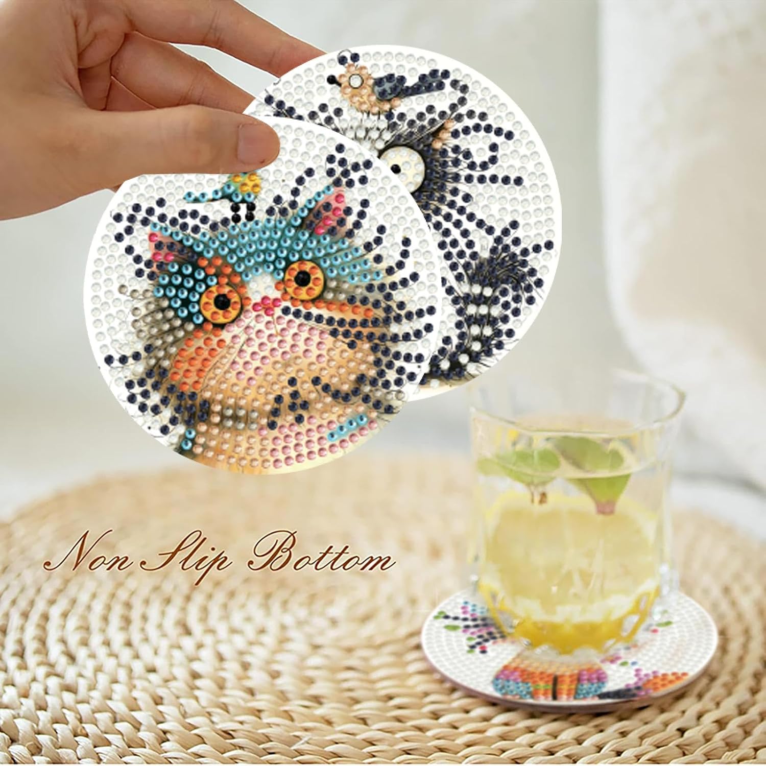 Amshem 8 PCS Funny Cat Diamond Art Coasters Kit,Small Diamond Painting Kits for Adults Beginners,Gem Art Coasters with Holder, Funny Arts Supplies for Kitchen Decor 3.9x3.9inch