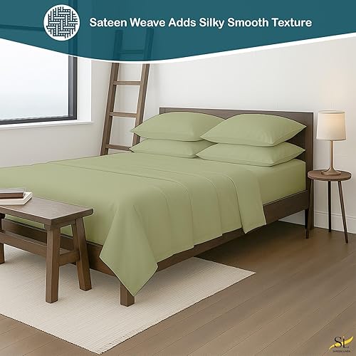 Miniatura 5 de Juego de sábanas tamaño King, juego de 6 piezas, bolsillos extraprofundos, sábanas de 600 hilos, 100% algodón egipcio, color salvia, sábanas tamaño