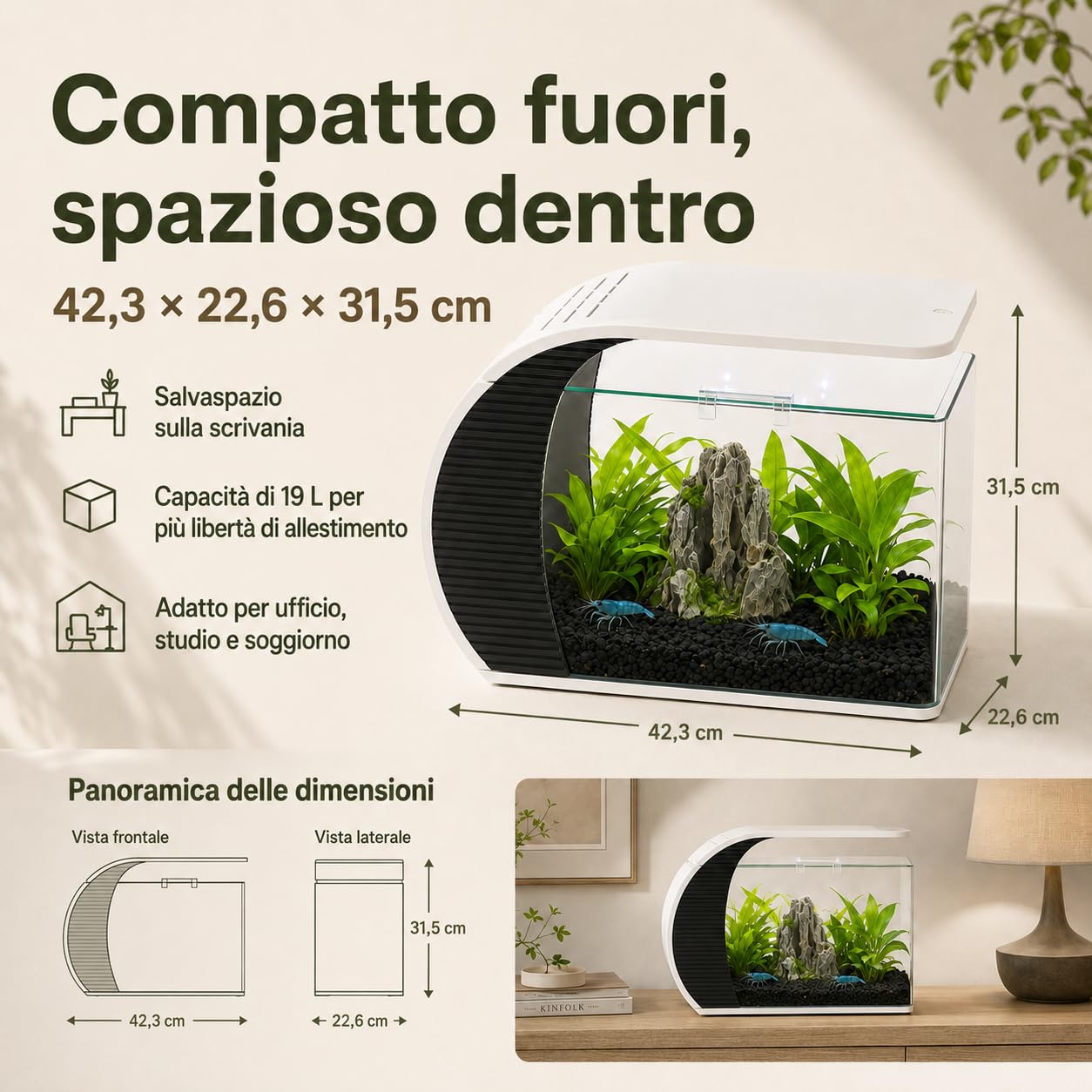 Acquario con illuminazione a LED e pompa d'acqua, capacità per pesci ornamentali, granchi, piante, ideale per soggiorno, camera da letto, ufficio, decorazione