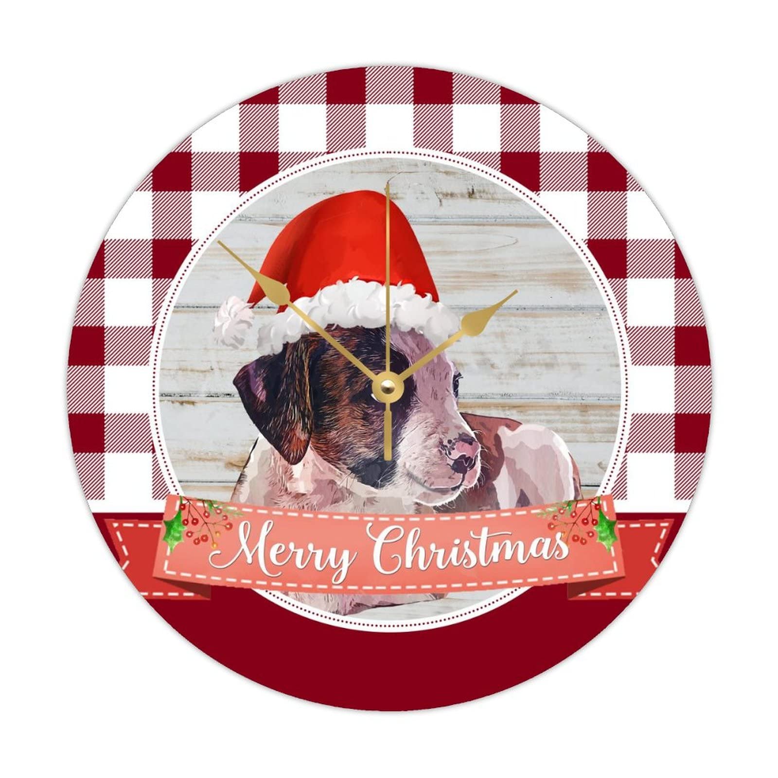 Horloge murale ronde en bois sans fil pour habiller un mur vide avec un motif chien de Noël