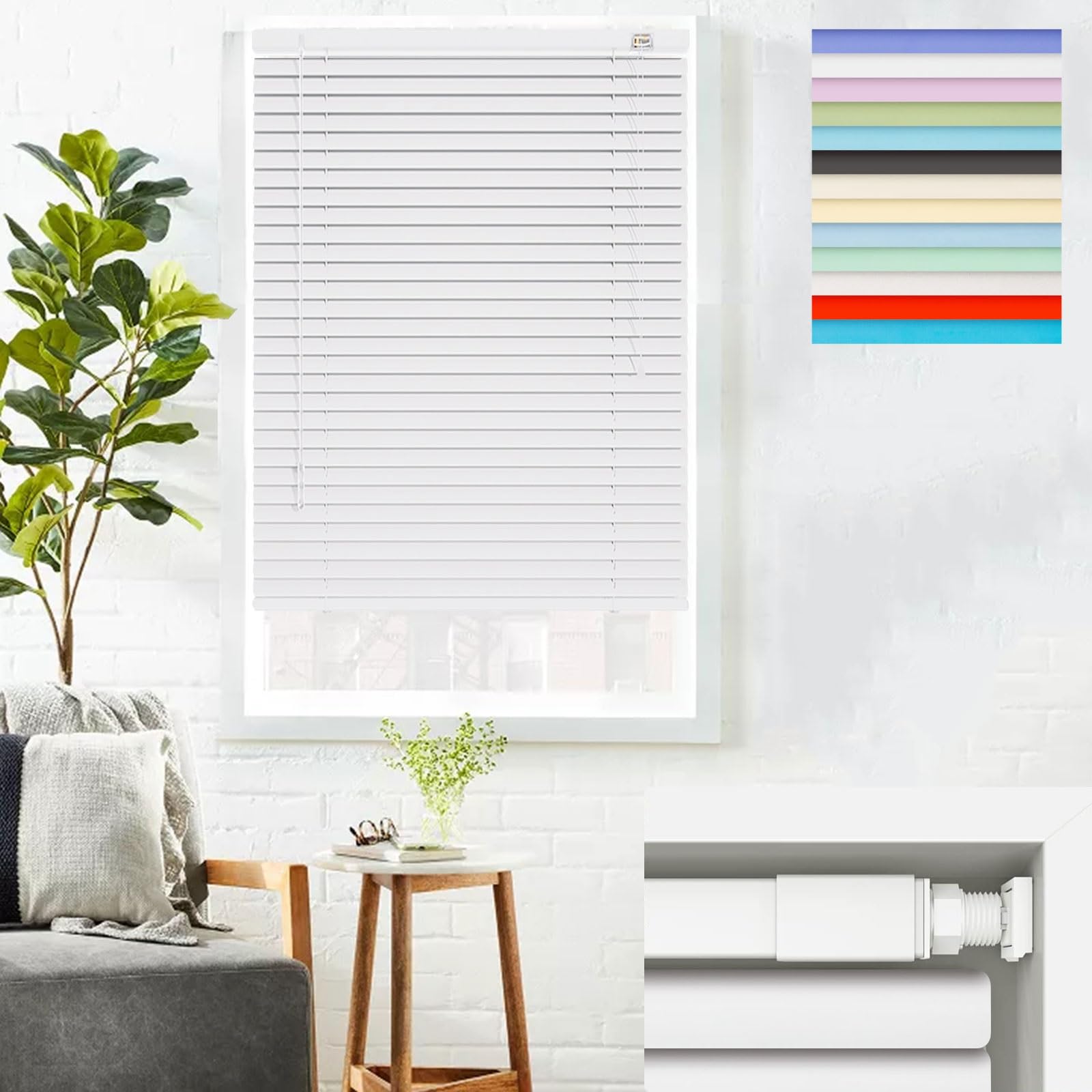 No Tools No Drill Aluminum Mini Blinds 1" Slat Cordless Darkening Window Shades, Custom Size Horizontal Venetian Blind for Indoor Home Office Windows Waterproof Privacy Blinds(White)