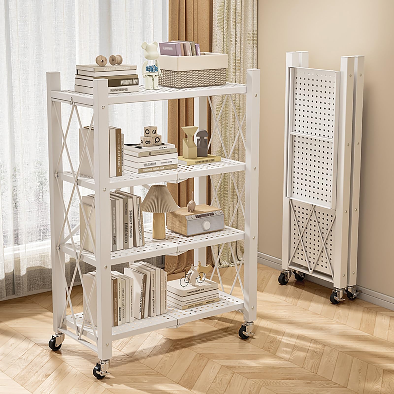 Scaffali pieghevoli – Scaffale in metallo a 4/5 ripiani su ruote per cucina, garage, dispensa, soluzione versatile e pieghevole