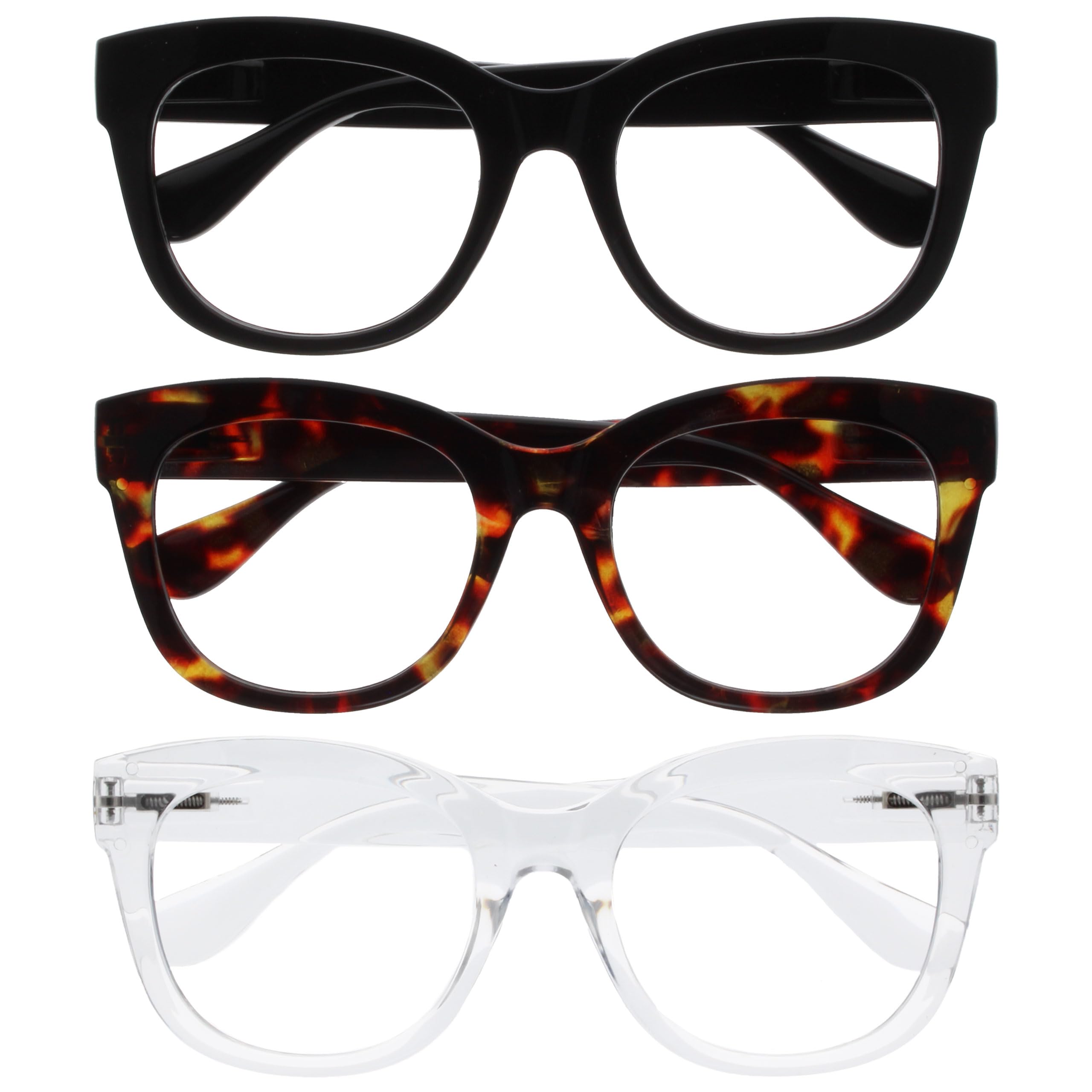OPULIZE BIG Blue Light Blocking Reading Glasses - Bold Round Fashion Frame - Anti-Glare Anti-Reflective Computer Gaming - 3 Pack - UV & Eyestrain Protection - Black Brown Clear - Mens Womens +2.50