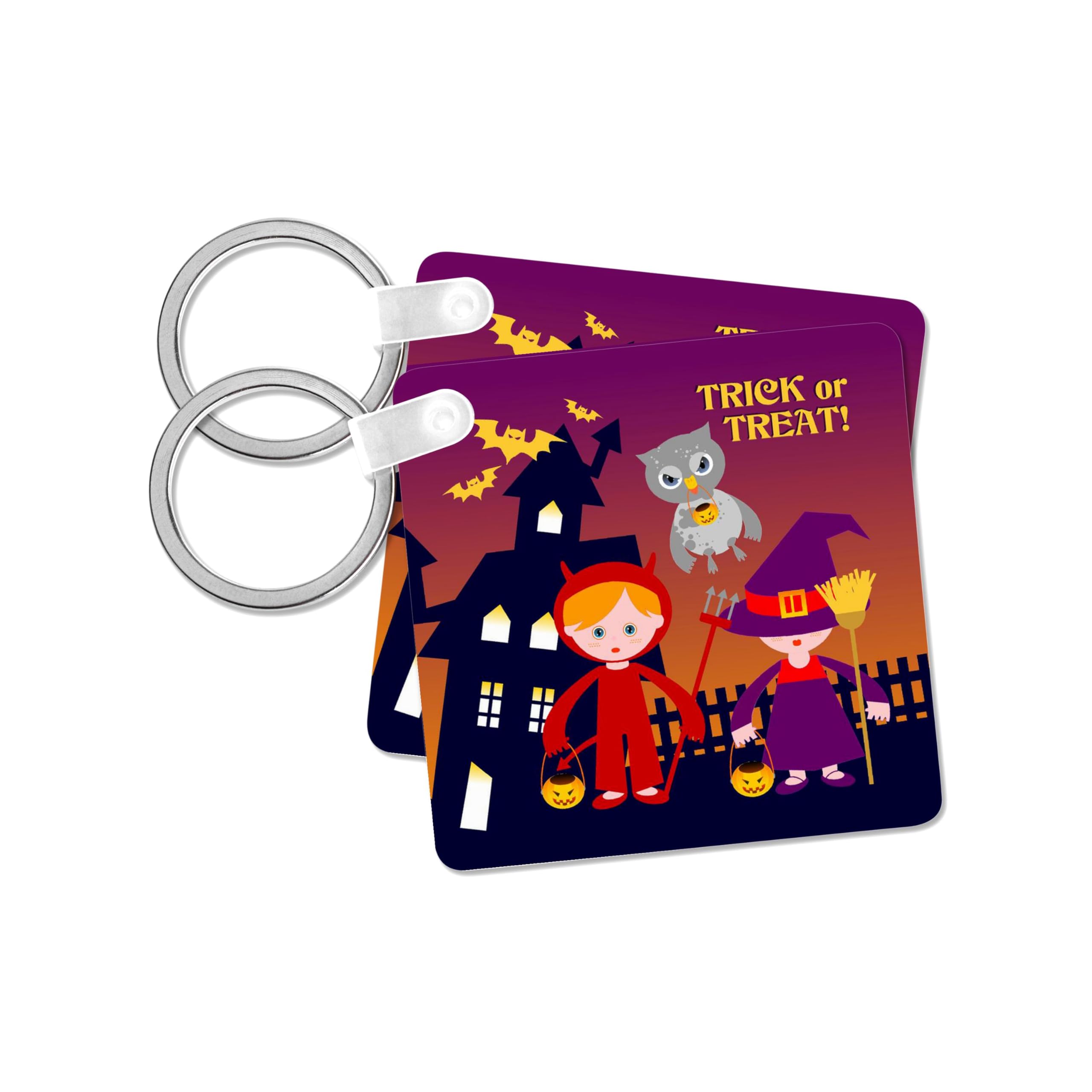 3dRose, Trick or treat message and kid dressed up as red devil and witch with cute bat, set of 2 Key Chains