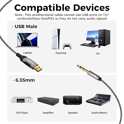 Cable USB a 6.35mm TRS Estéreo 25 Pies, Conector Chapado en Oro miniatura 6