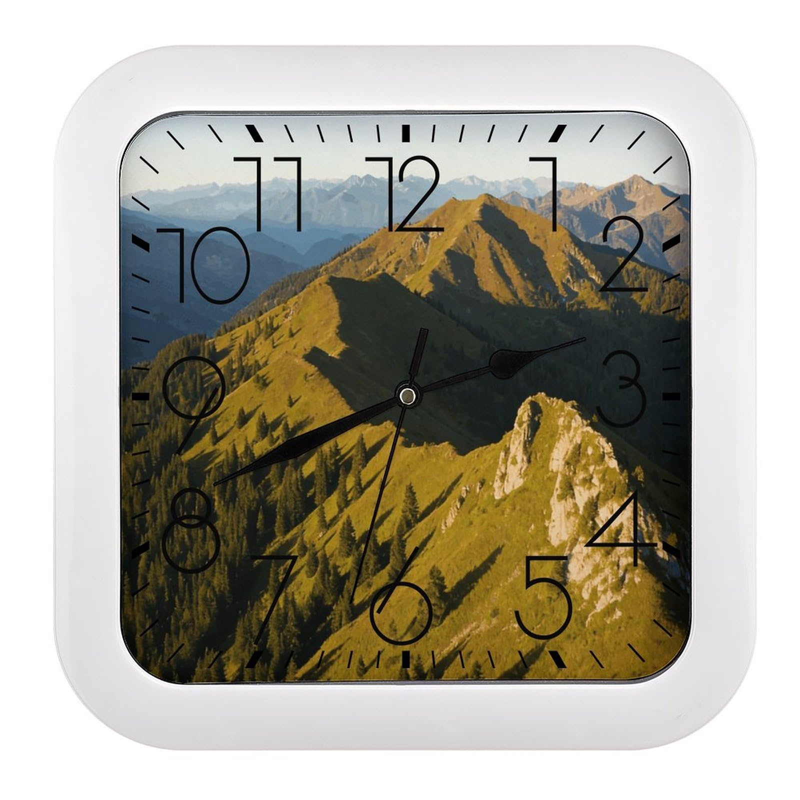 Fodpand Style Mountains Wall Clock,Battery Operated Modern Retro Rounded Square Clock Clock For Bedroom Living Room Office Home Gym Porch Decor Indoor Outdoor 10.2 * 10.2In