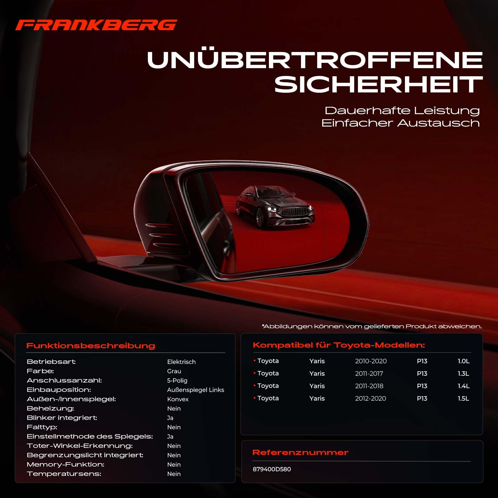 Frankberg Aussenspiegel Außenspiegel Elektrisch Links 879400D580 | 5-polig, &-Blinklicht; Kompatibel mit Yaris P13