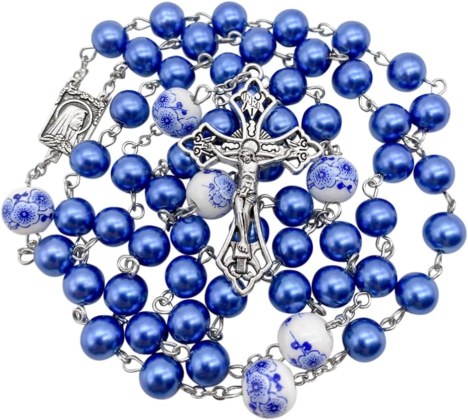 Nazareth Store Pearl Beads Rosary White Flowers Beaded Necklace Lourdes Medal & Cross Crucifix