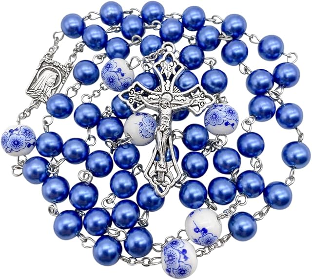Nazareth Store Blue Pearl Beads Rosary White Flowers Beaded Necklace Lourdes Medal & Cross Crucifix