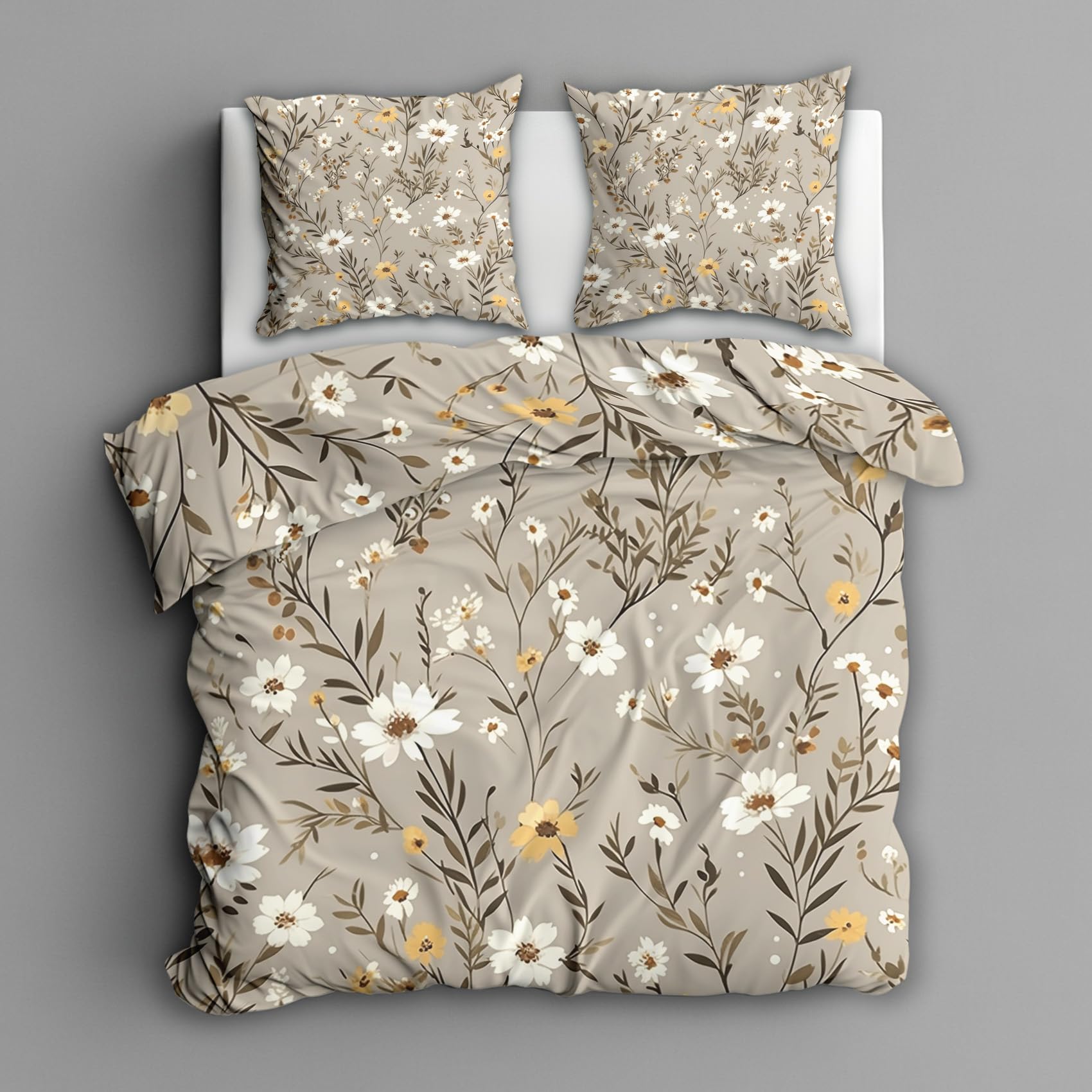 Housse de couette 240x260 fleur blanche avec 2 taies d'oreillers en microfibre