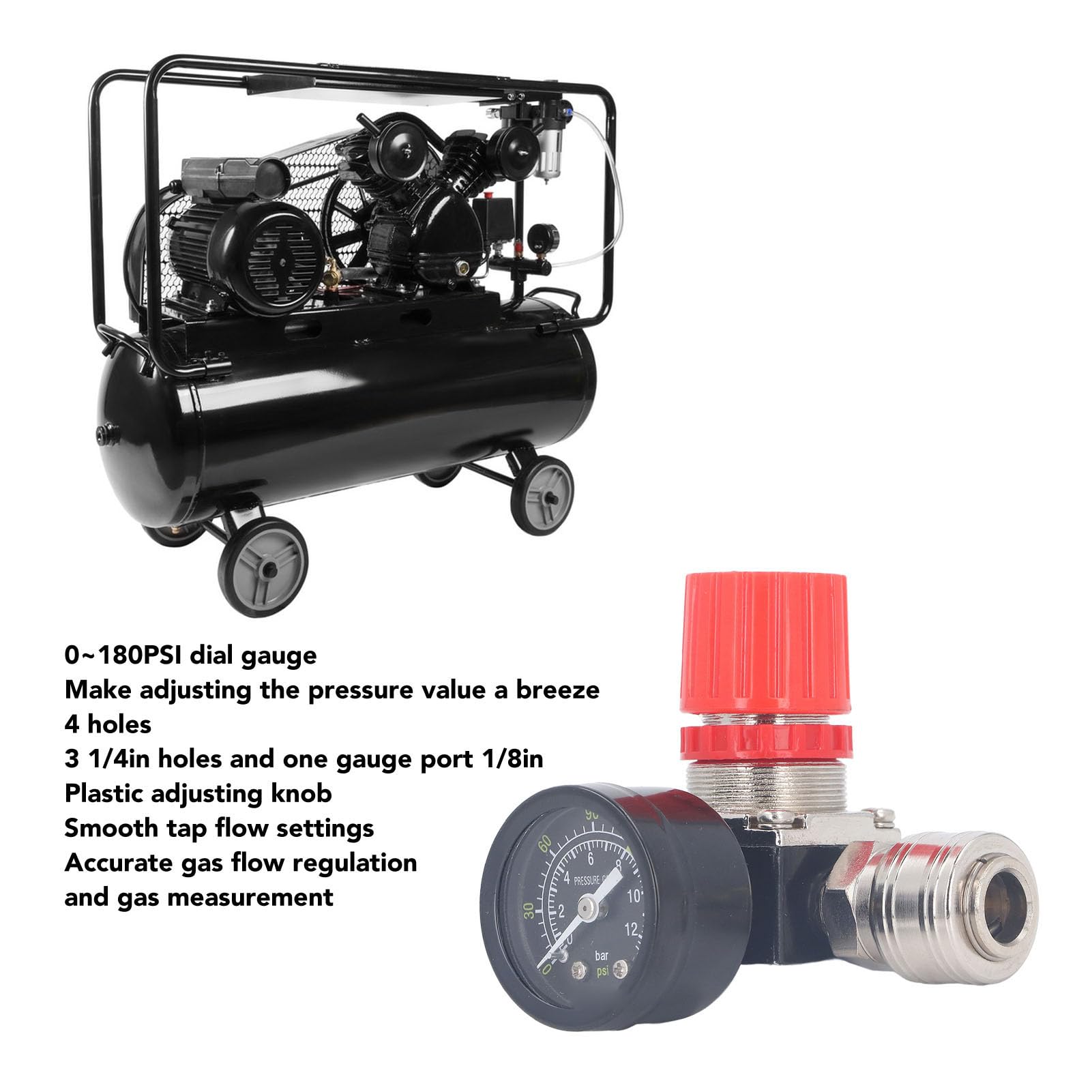 Marhynchus Régulateur du Compresseur D'air avec Jauge 0-180psi 4 Voies de Vanne pour Outils Pneumatiques avec Bouton de Réglage en Plastique (1/2 pouce)