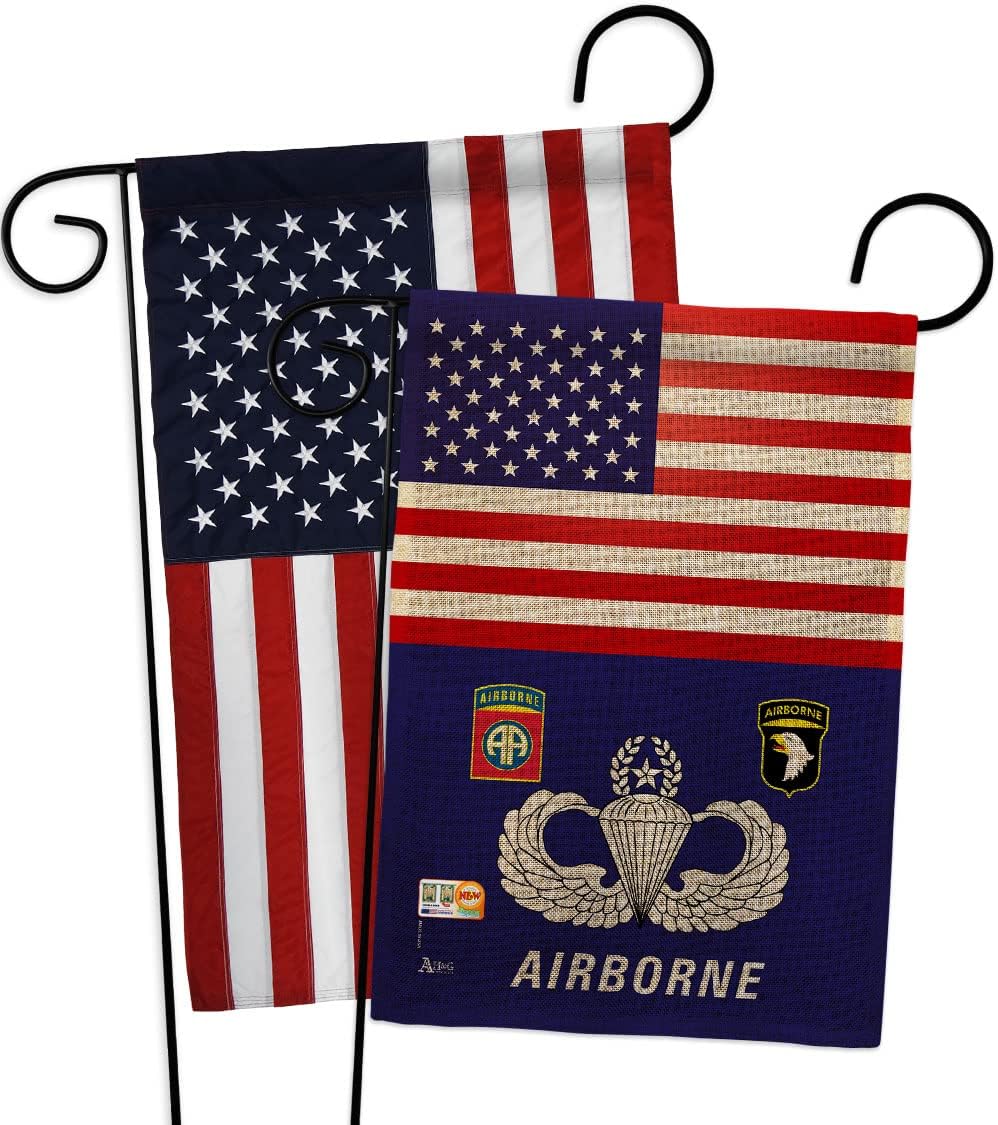 US Airborne Burlap Garden Flags 2pcs Pack Armed Forces Army Rangers United State American Military Veteran Retire Official Small Decorative Gift Yard House Banner Double-Sided Made In USA 13 X 18.5