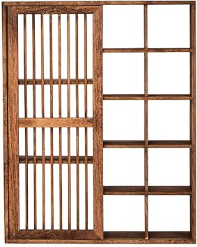 Solid Wood Shadow Box Display Shelf, Chinese Tea Cup Holder with Sliding Doors, Wall Decoration Teaware Storage Rack for Living Room Kitchen Office Tea Room