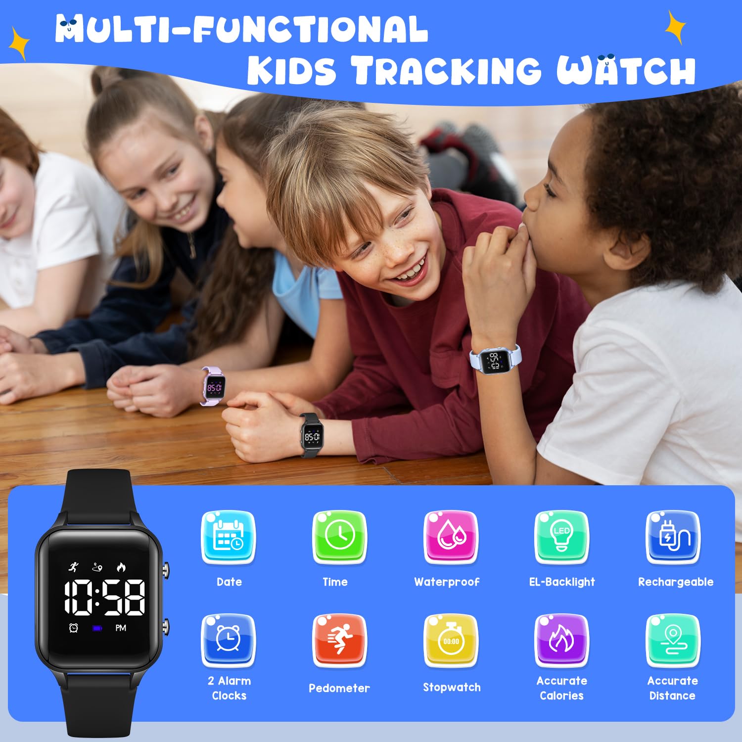 Kids Digital Watches for Boys Girls, Sports Watch with Fitness Tracker, Pedometer, Alarm Clocks, Stopwatch, No App Needed Waterproof Kids Watch, Gift for Teens Student Girls Boys Ages 5-14