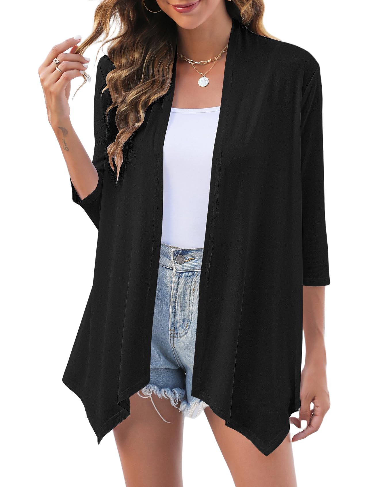 Uvog Womens 3 4 Sleeve Draped Open Front Cardigan Casual Loose Lightweight Cardigans