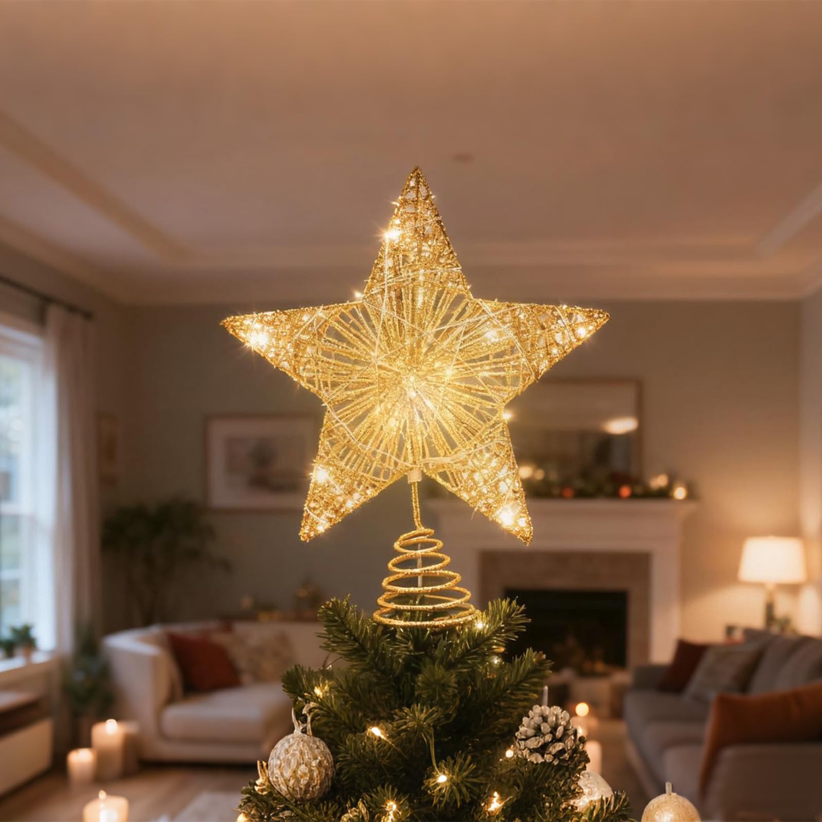 Christmas Tree Topper Star, Gold Wire Glitter Tree Toppers 20 LED Lights Ornaments Topper Metal Design Glittered Christmas Tree Topper Star Warm White Light for Xmas Home Decorations