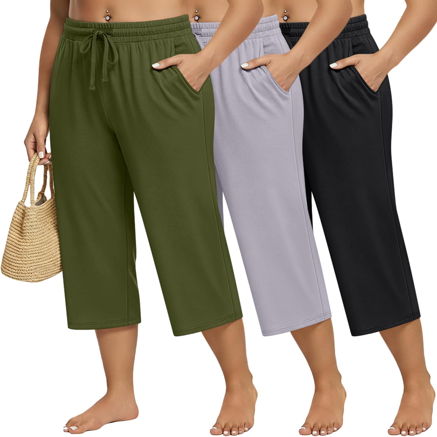 Huukeay 3 Pack Women's Plus Size Capris Wide Leg Yoga Capri Sweatpants Drawstring Loose Fit Summer Cropped Pants with Pockets